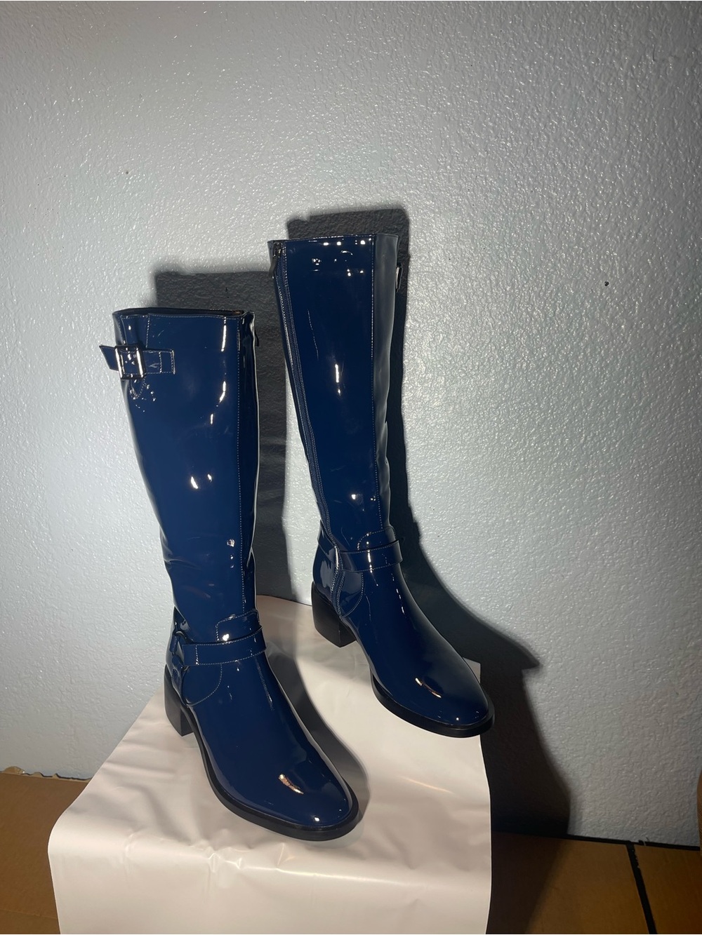 Patent Navy Knee-High Heeled Boots with Buckle Detail